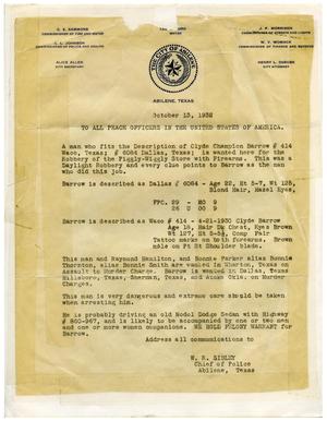 Primary view of object titled '[Clyde Champion Barrow Wanted Report, 10/13/1932 - Abilene, Texas]'.