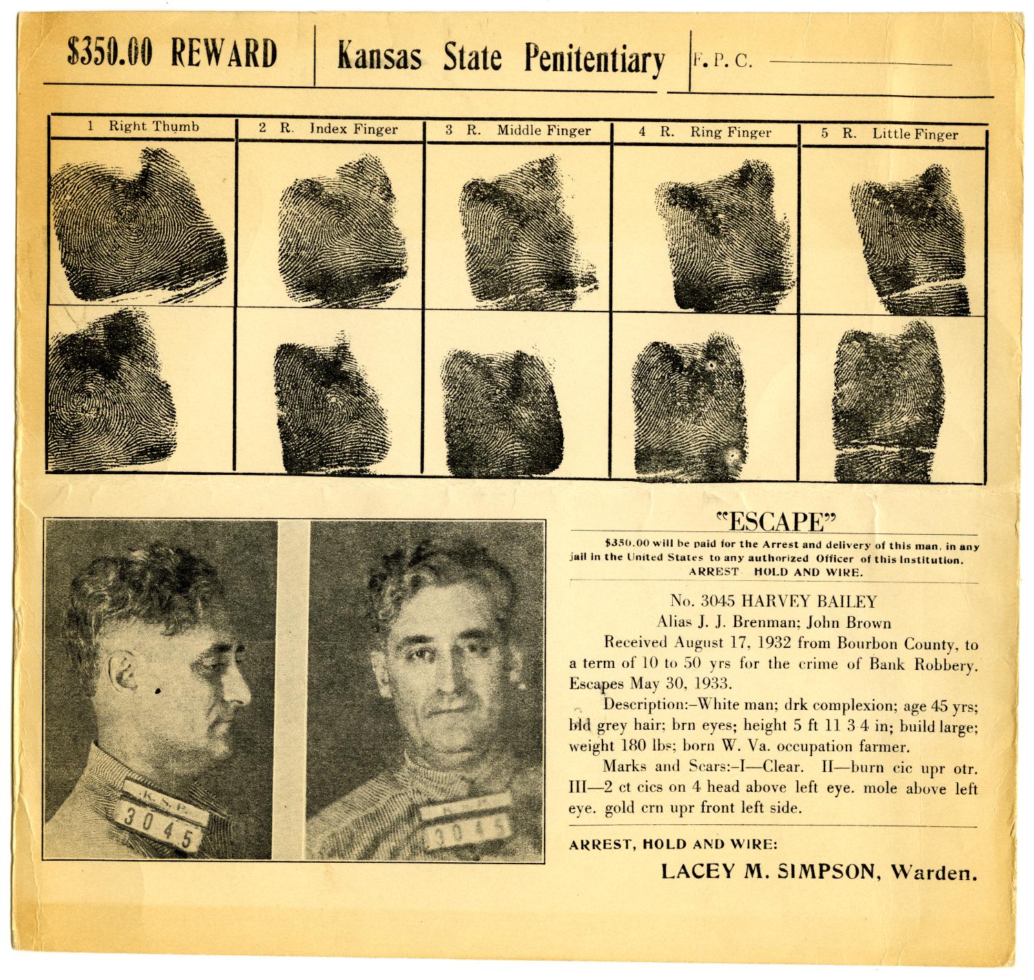 [Harvey J. Bailey Wanted Flier, 1933 - Kansas State Penitentiary]
                                                
                                                    [Sequence #]: 1 of 2
                                                