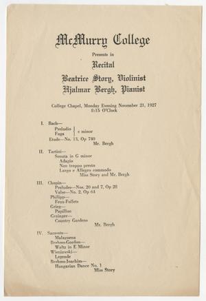 Primary view of object titled '[Recital Program: Beatrice Story, Violinist, and Hjalmar Bergh, Pianist, 1927]'.