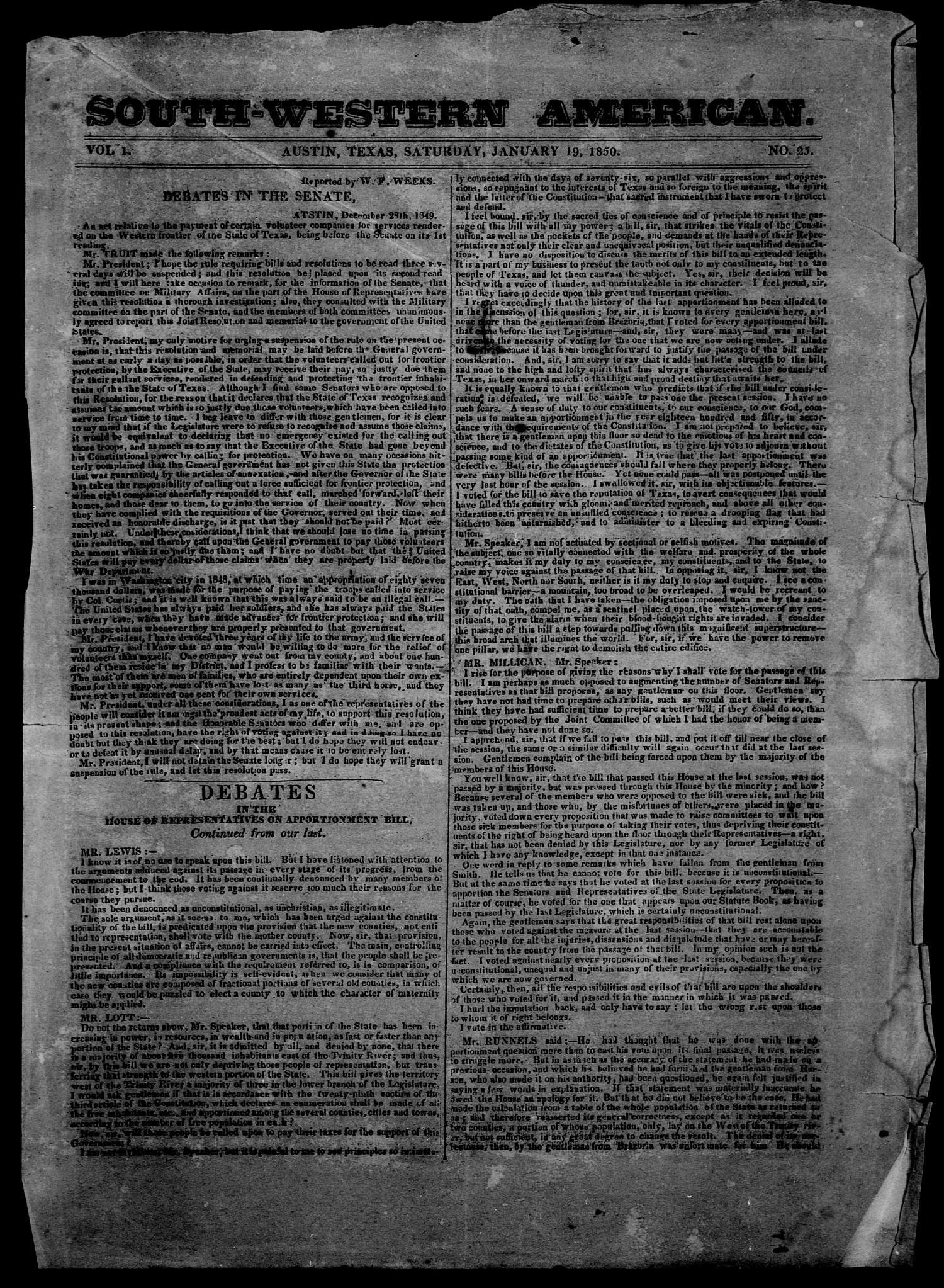 South-Western American. (Austin, Tex.), Vol. 1, No. 25, Ed. 1, Saturday, January 19, 1850
                                                
                                                    [Sequence #]: 1 of 4
                                                