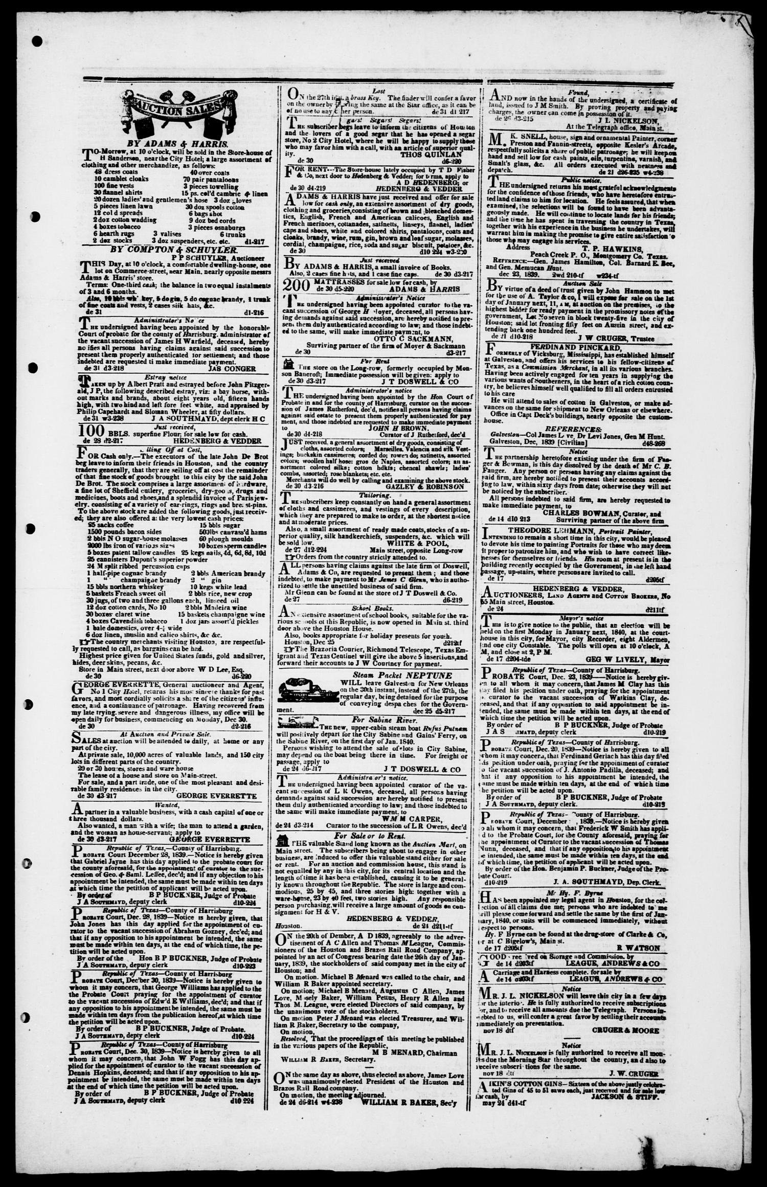 The Morning Star (Houston, Tex.), Vol. 1, No. 217, Ed. 1, Wednesday, January 1, 1840
                                                
                                                    [Sequence #]: 3 of 4
                                                