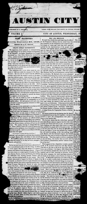 Primary view of object titled 'The Austin City Gazette (Austin, Tex.), Vol. 1, Ed. 1, Wednesday, September 23, 1840'.