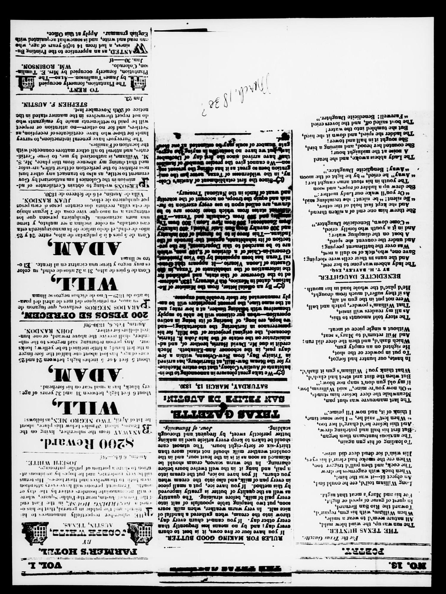 The Texas Gazette. (San Felipe de Austin, Tex.), Vol. 1, No. 13, Ed. 1, Saturday, March 13, 1830
                                                
                                                    [Sequence #]: 1 of 3
                                                
