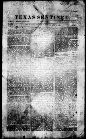 Primary view of object titled 'Texas Sentinel. (Austin, Tex.), Vol. 1, No. 20, Ed. 1, Wednesday, April 29, 1840'.