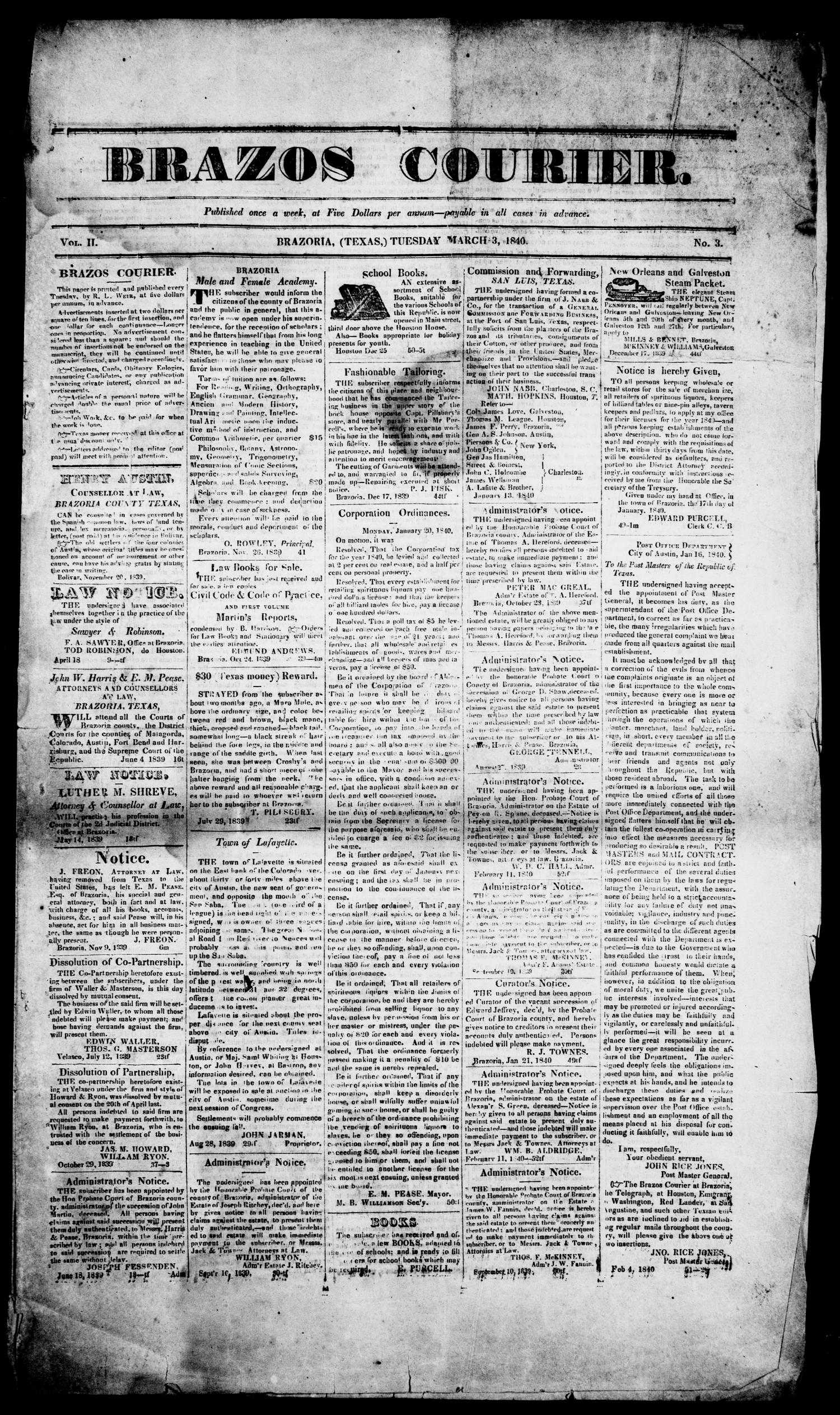 Brazos Courier. (Brazoria, Tex.), Vol. 2, No. 3, Ed. 1, Tuesday, March 3, 1840
                                                
                                                    [Sequence #]: 1 of 4
                                                