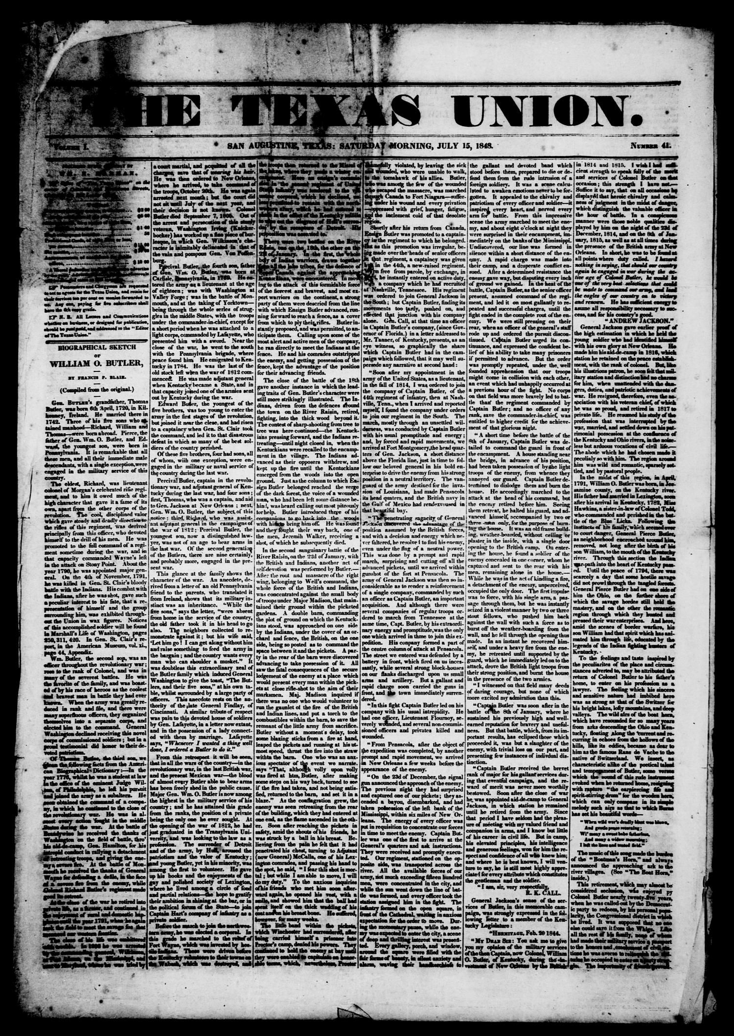 The Texas Union.(San Augustine, Tex.), Vol. 1, No. 41, Ed. 1, Saturday, July 15, 1848
                                                
                                                    [Sequence #]: 1 of 4
                                                