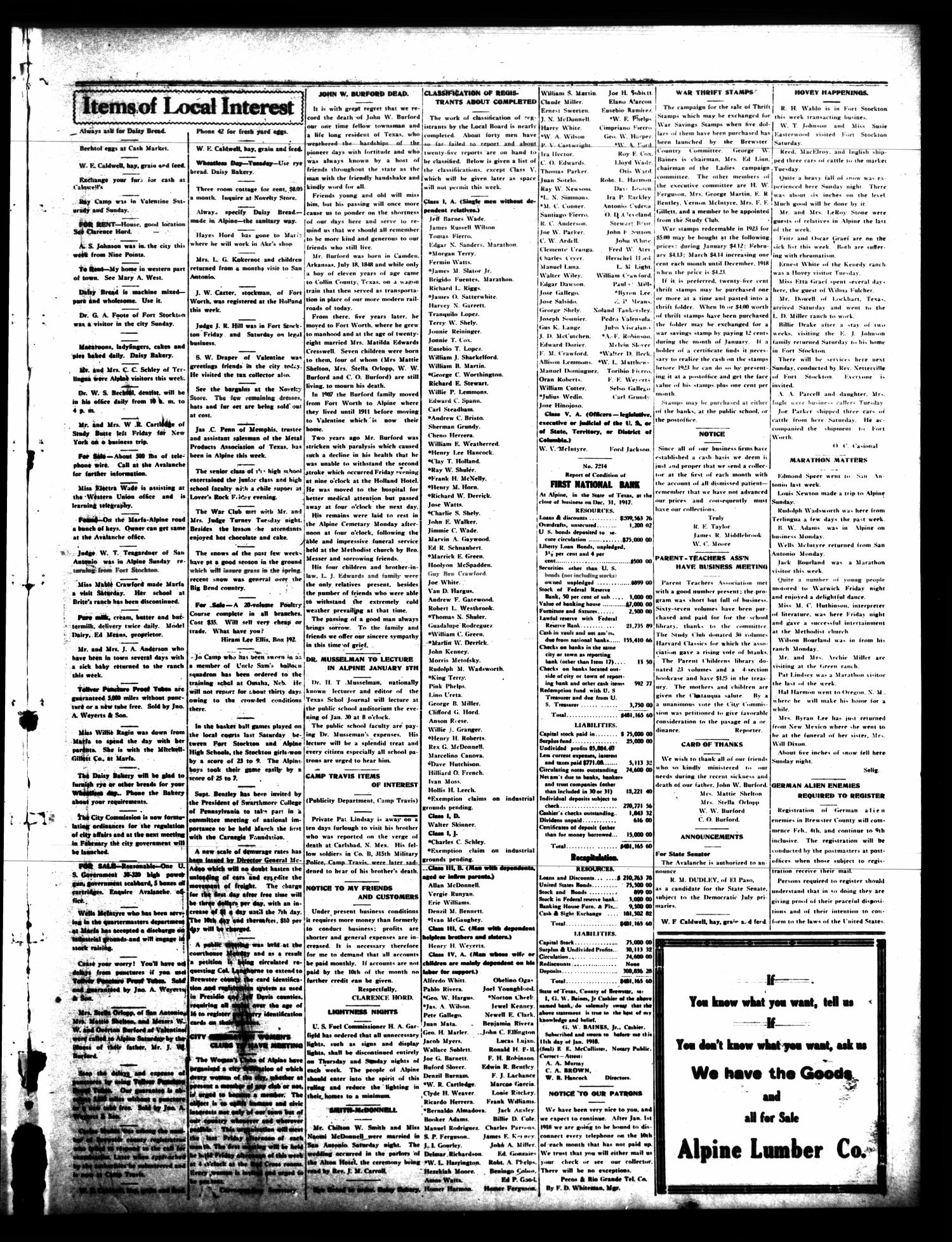 The Alpine Avalanche (Alpine, Tex.), Vol. 28, No. 3, Ed. 1 Thursday, January 24, 1918
                                                
                                                    [Sequence #]: 3 of 4
                                                