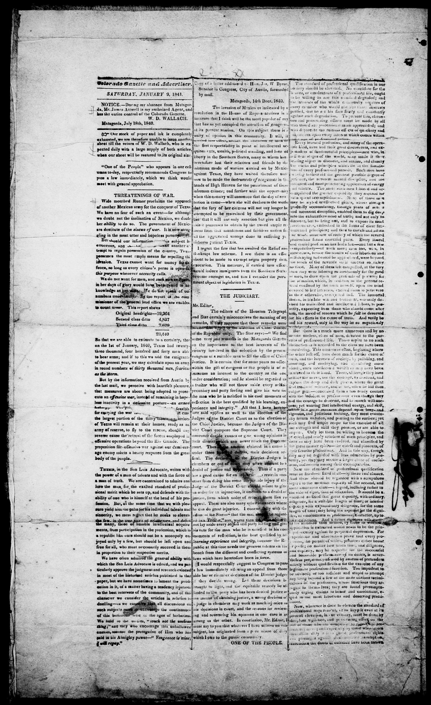 Colorado Gazette and Advertiser. (Matagorda, Tex.), Ed. 1, Saturday, January 9, 1841
                                                
                                                    [Sequence #]: 1 of 2
                                                