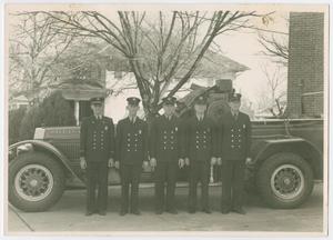 Primary view of object titled '[Firefighters and Fire Engine at Fire Station 8]'.