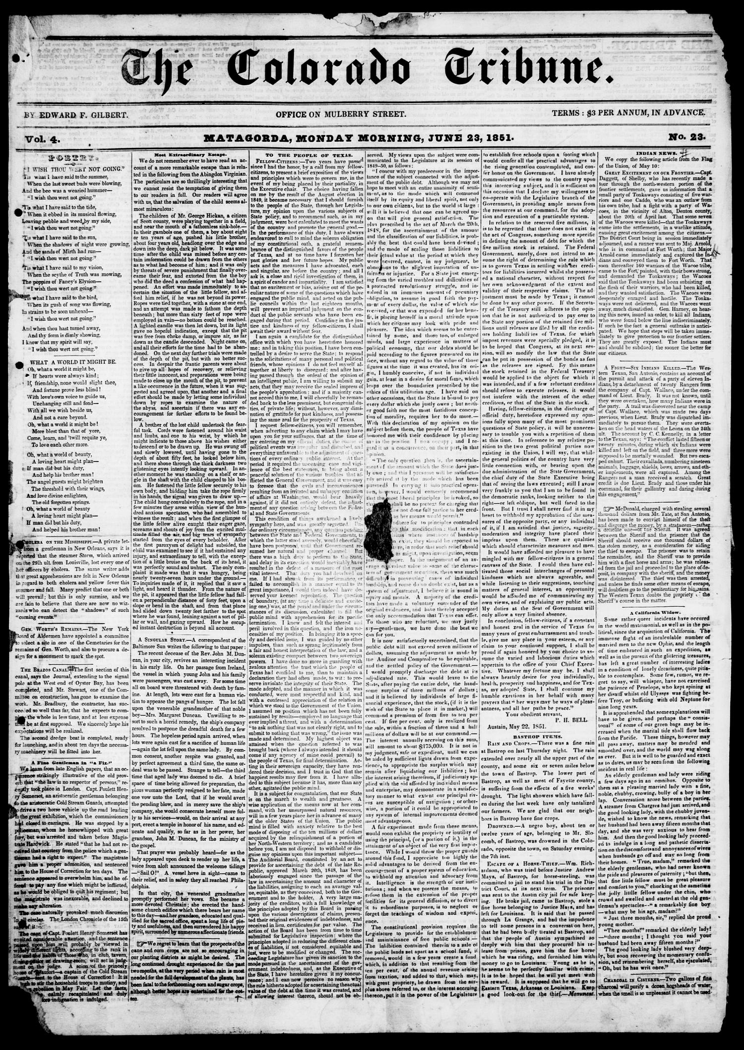 The Colorado Tribune. (Matagorda, Tex.), Vol. 4, No. 23, Ed. 1, Monday, June 23, 1851
                                                
                                                    [Sequence #]: 1 of 4
                                                