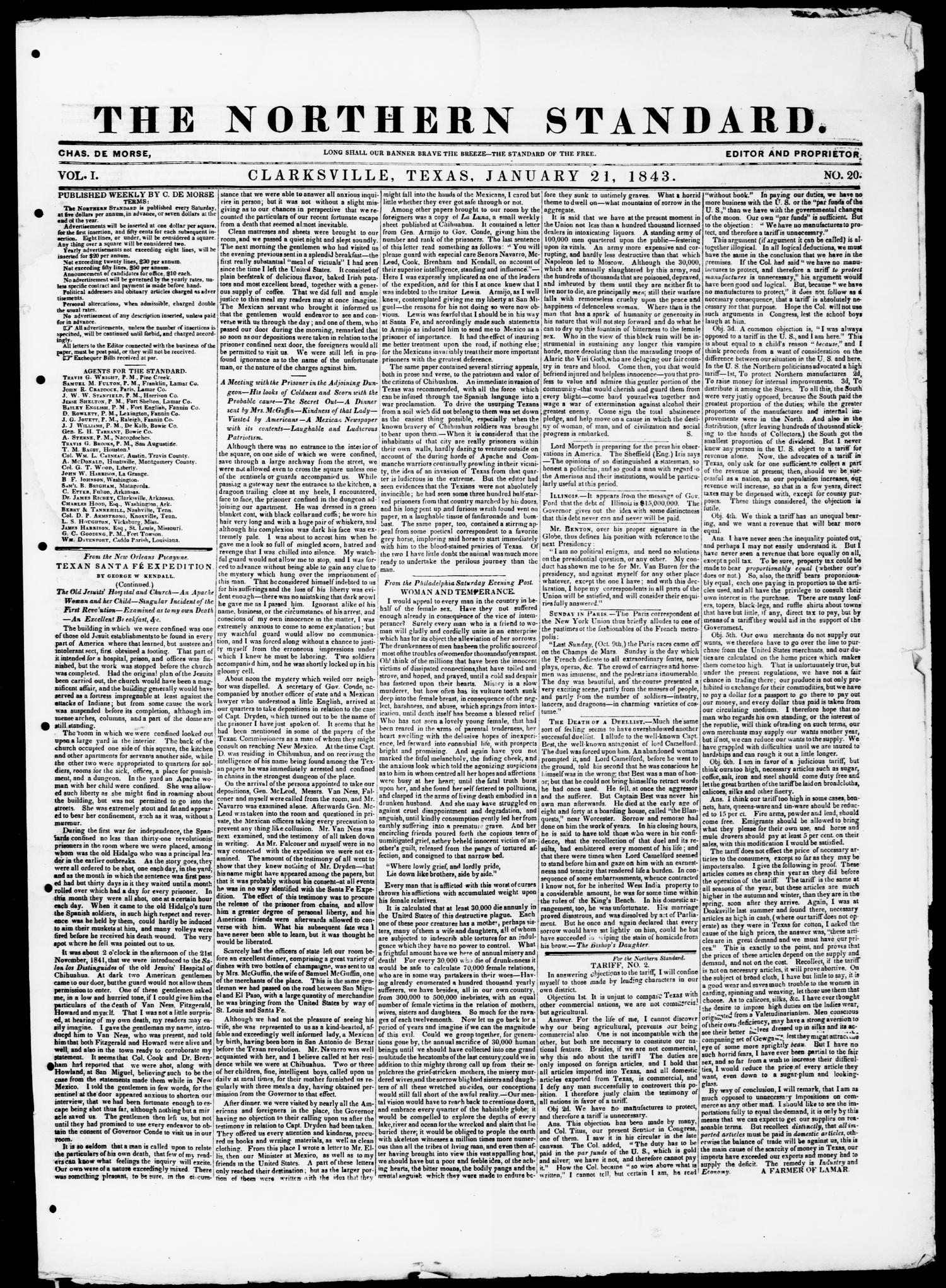 The Northern Standard. (Clarksville, Tex.), Vol. 1, No. 20, Ed. 1, Saturday, January 21, 1843
                                                
                                                    [Sequence #]: 1 of 4
                                                