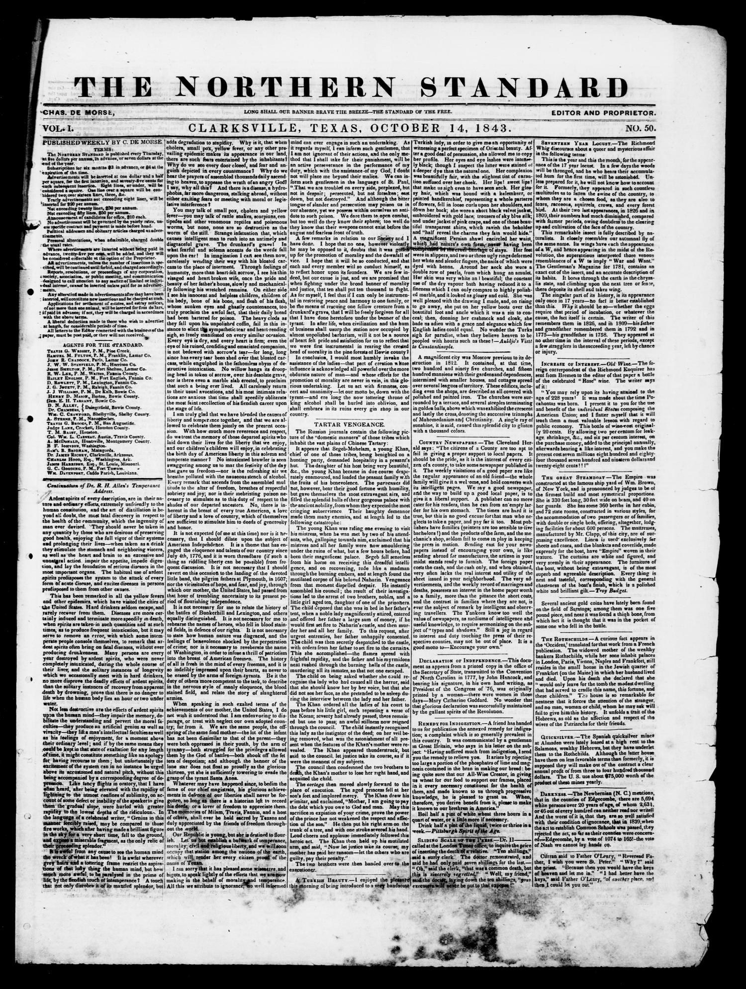 The Northern Standard. (Clarksville, Tex.), Vol. 1, No. 50, Ed. 1, Saturday, October 14, 1843
                                                
                                                    [Sequence #]: 1 of 4
                                                