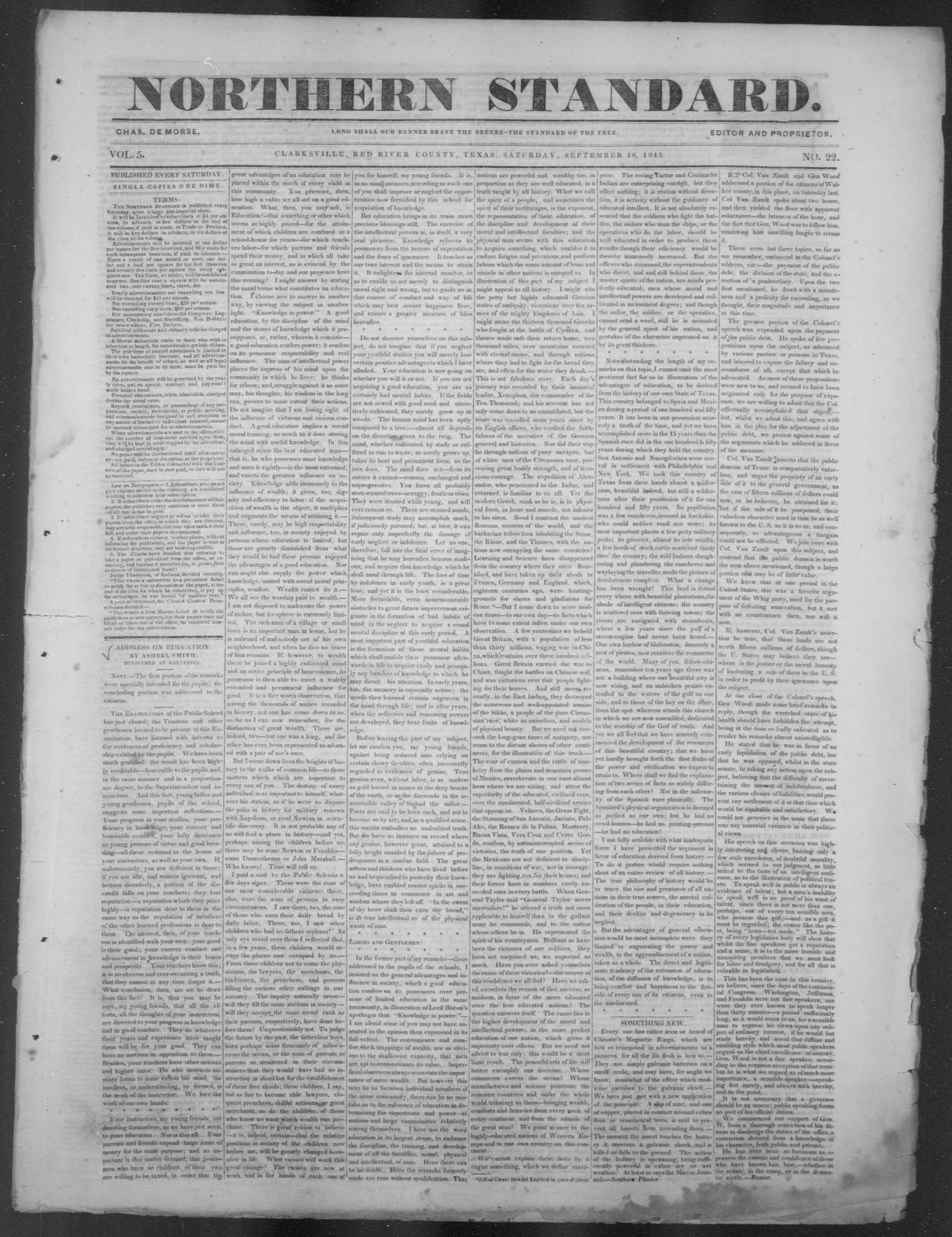 The Northern Standard. (Clarksville, Tex.), Vol. 5, No. 22, Ed. 1, Saturday, September 18, 1847
                                                
                                                    [Sequence #]: 1 of 4
                                                