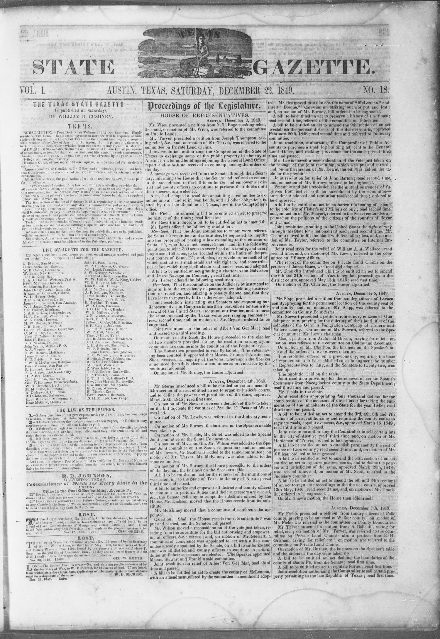 Texas State Gazette. (Austin, Tex.), Vol. 1, No. 18, Ed. 1, Saturday, December 22, 1849
                                                
                                                    [Sequence #]: 1 of 8
                                                