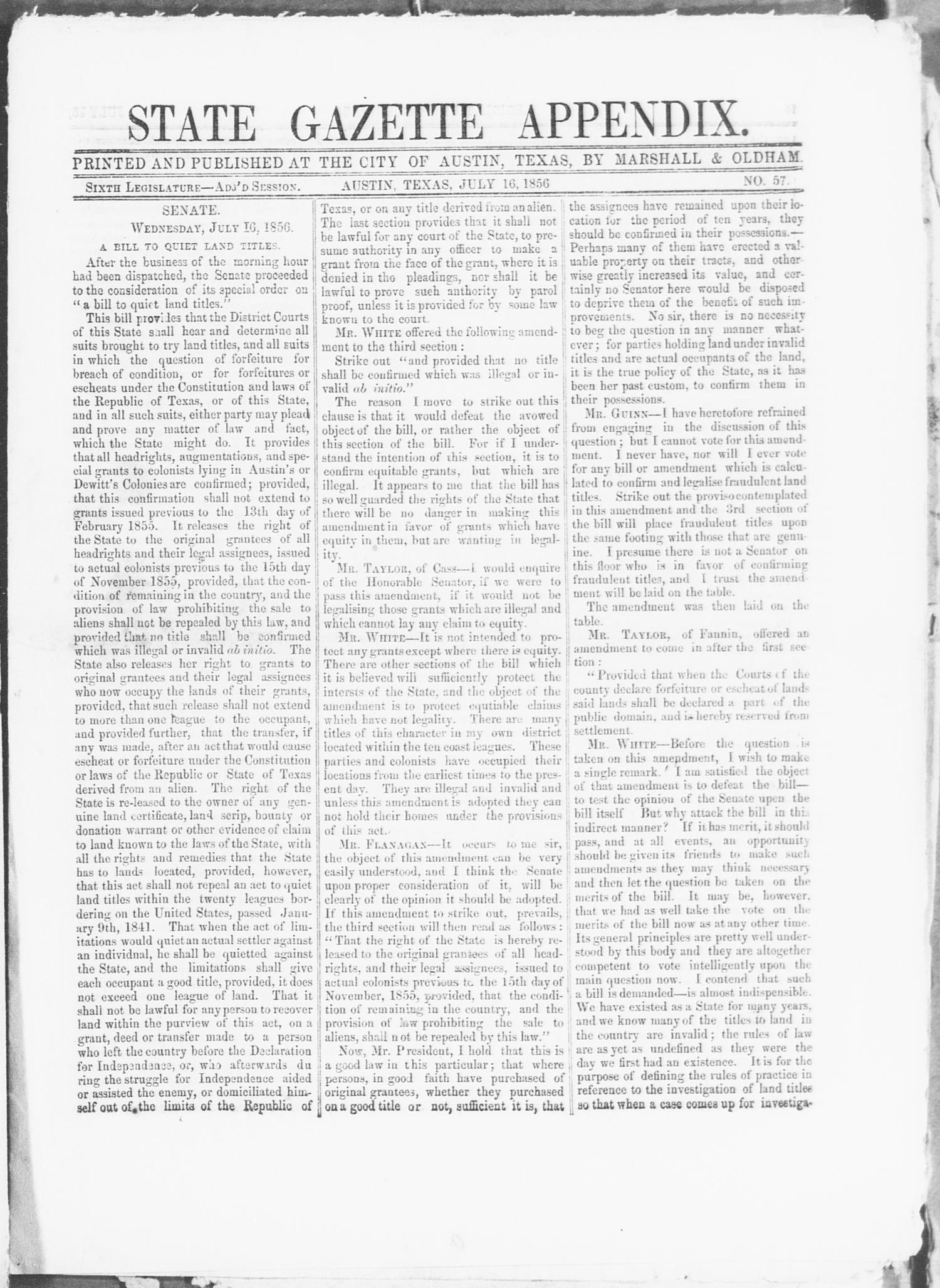 State Gazette Appendix. (Austin, Tex.), No. 57, Ed. 1, Wednesday, July 16, 1856
                                                
                                                    [Sequence #]: 1 of 8
                                                