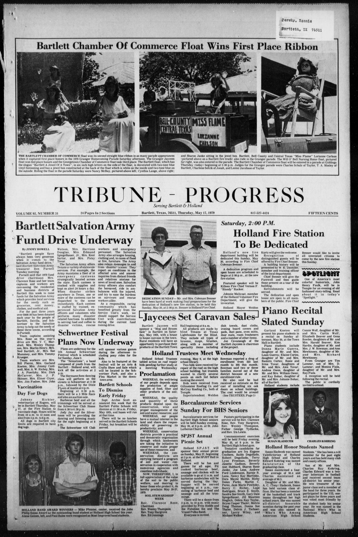 Tribune-Progress (Bartlett, Tex.), Vol. 92, No. 31, Ed. 1, Thursday, May 17, 1979
                                                
                                                    [Sequence #]: 1 of 12
                                                