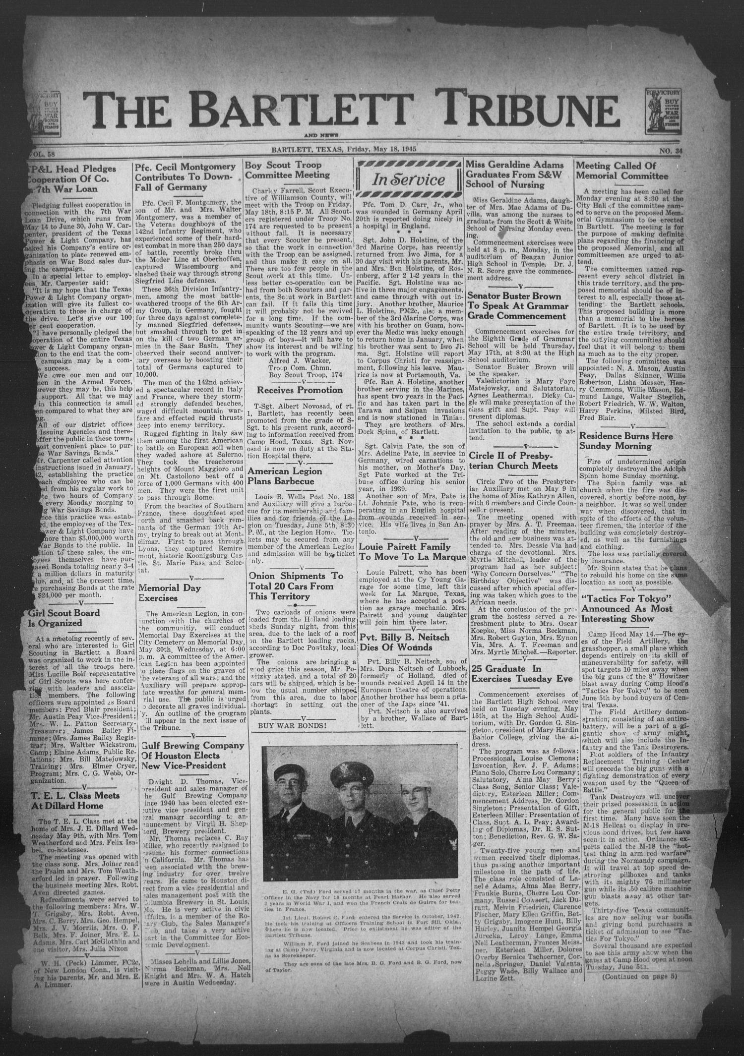 The Bartlett Tribune and News (Bartlett, Tex.), Vol. 58, No. 34, Ed. 1, Friday, May 18, 1945
                                                
                                                    [Sequence #]: 1 of 8
                                                