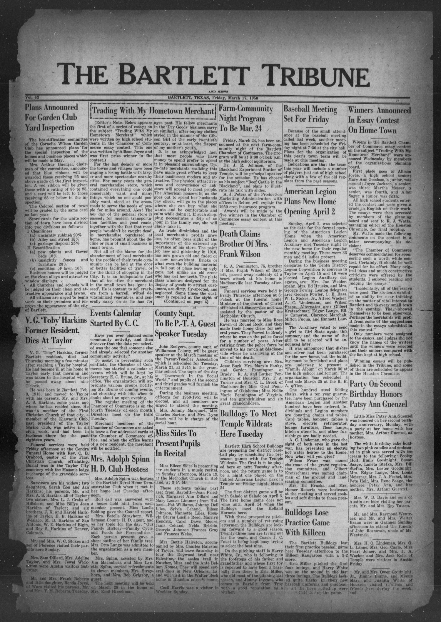 The Bartlett Tribune and News (Bartlett, Tex.), Vol. 63, No. 18, Ed. 1, Friday, March 17, 1950
                                                
                                                    [Sequence #]: 1 of 8
                                                