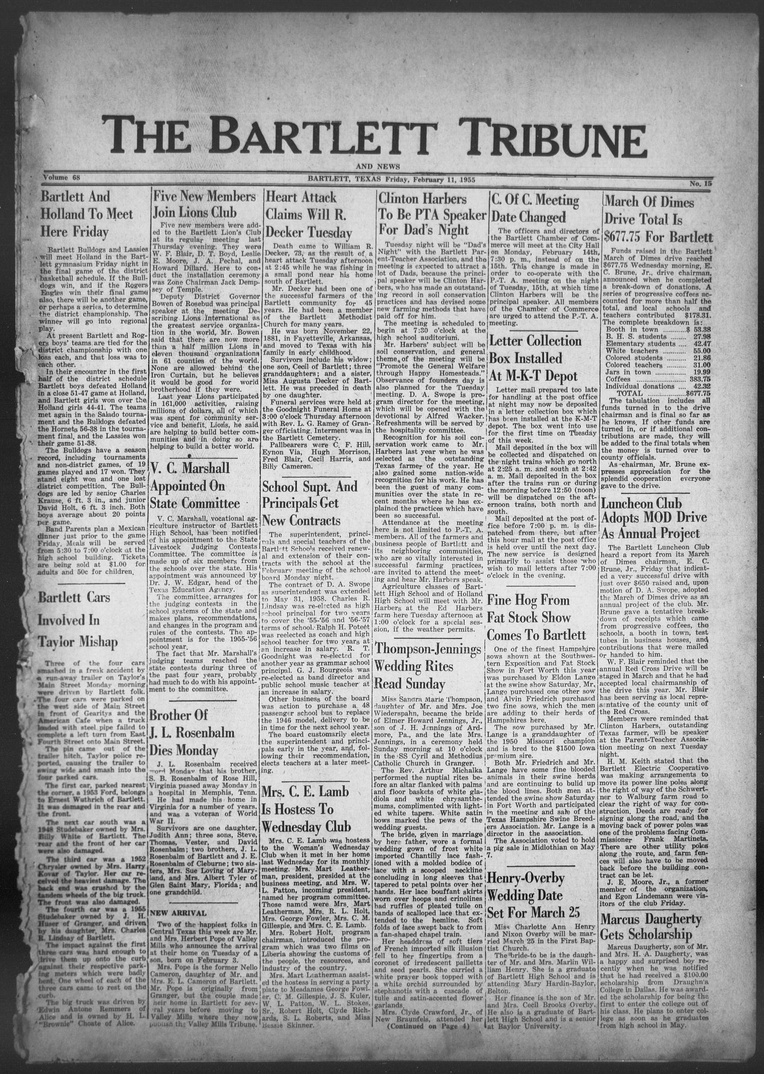 The Bartlett Tribune and News (Bartlett, Tex.), Vol. 68, No. 15, Ed. 1, Friday, February 11, 1955
                                                
                                                    [Sequence #]: 1 of 8
                                                