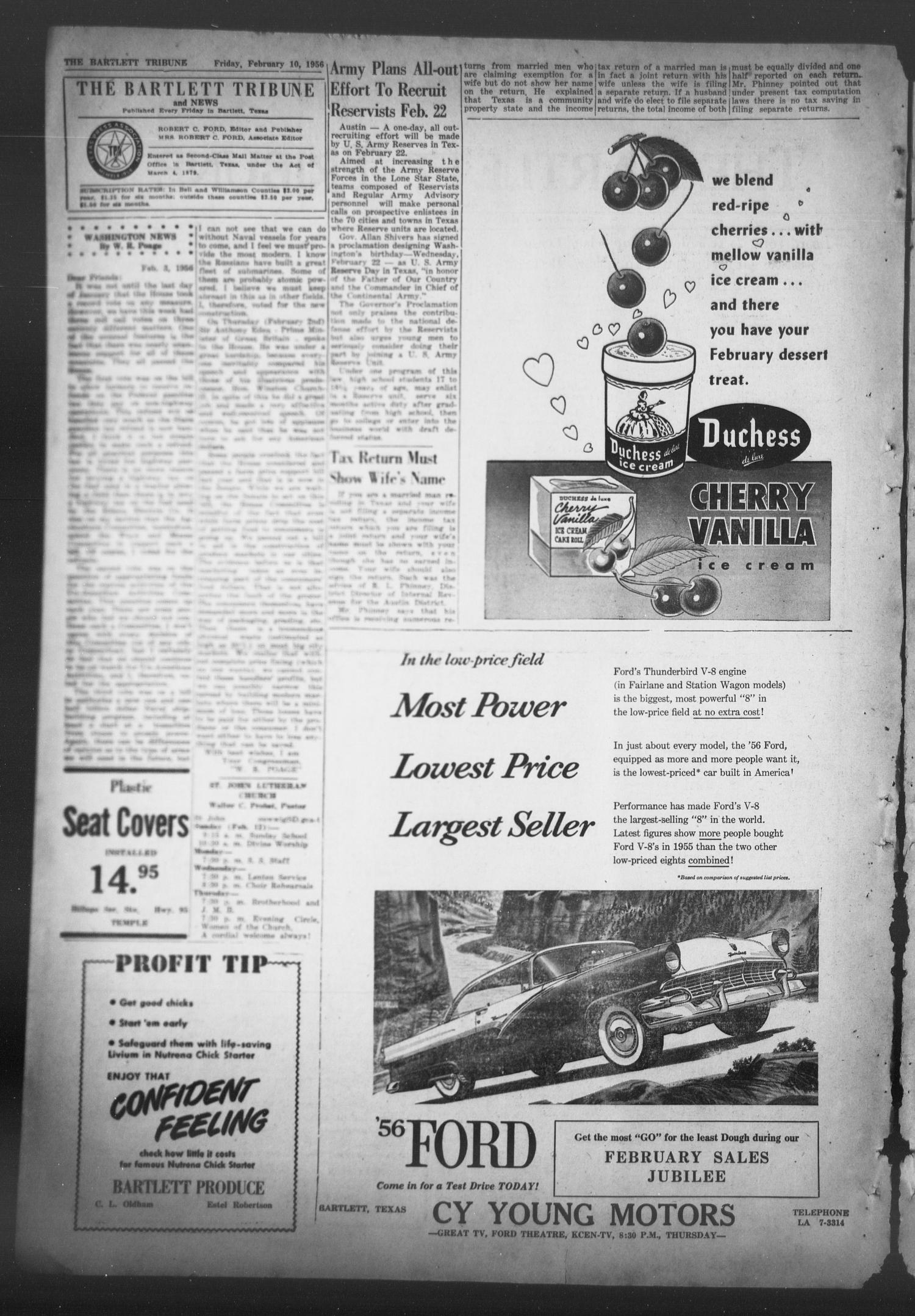 The Bartlett Tribune and News (Bartlett, Tex.), Vol. 69, No. 15, Ed. 1, Friday, February 10, 1956
                                                
                                                    [Sequence #]: 2 of 8
                                                