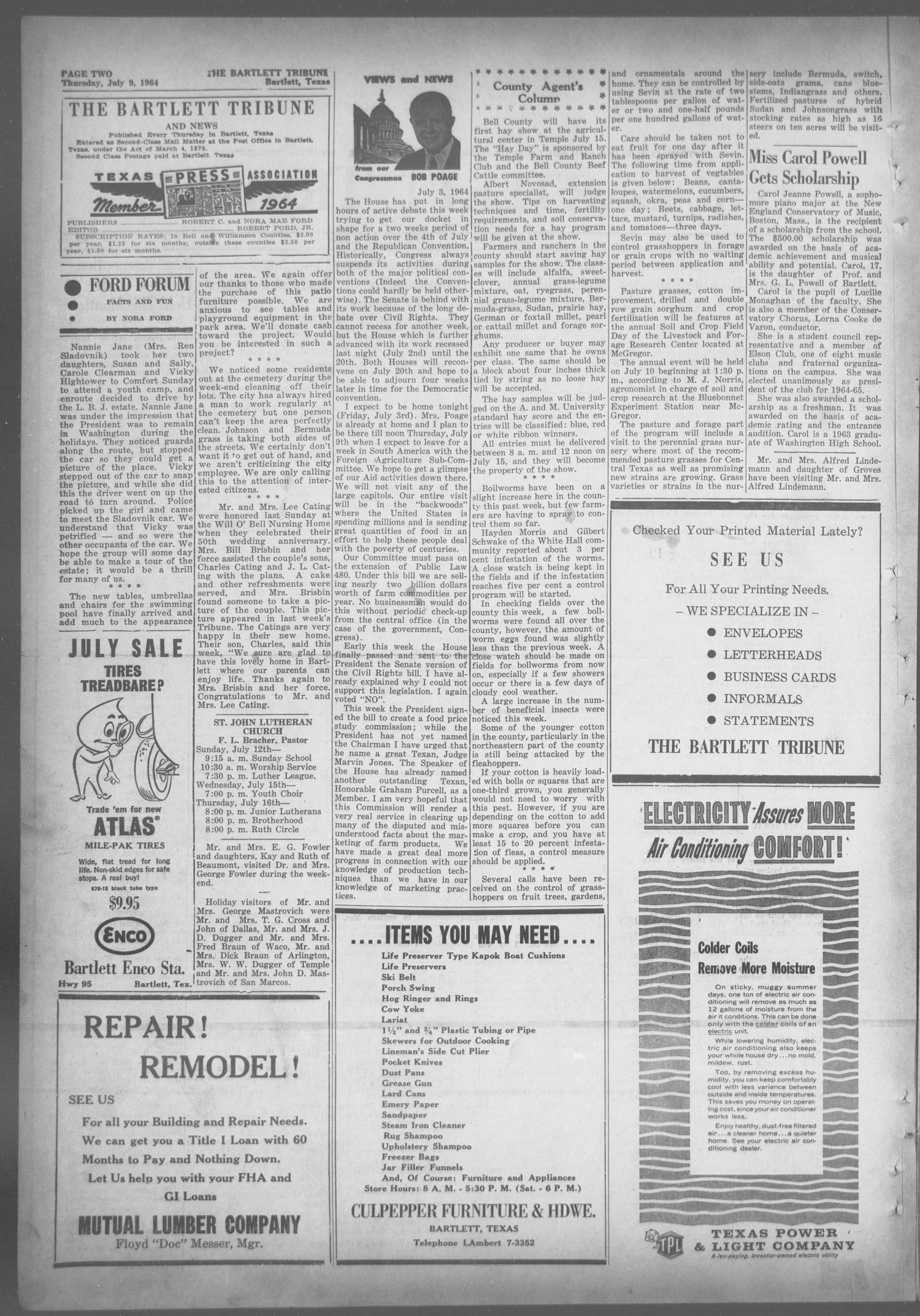 The Bartlett Tribune and News (Bartlett, Tex.), Vol. 77, No. 36, Ed. 1, Thursday, July 9, 1964
                                                
                                                    [Sequence #]: 2 of 6
                                                