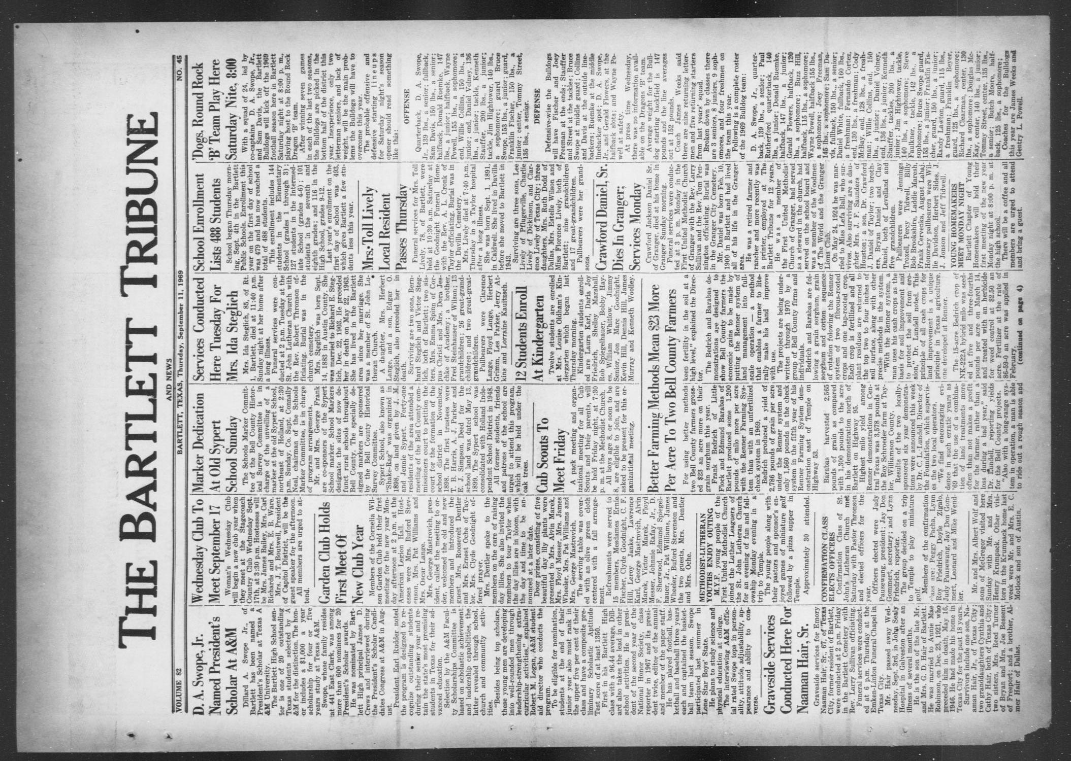 The Bartlett Tribune and News (Bartlett, Tex.), Vol. 82, No. 45, Ed. 1, Thursday, September 11, 1969
                                                
                                                    [Sequence #]: 1 of 8
                                                