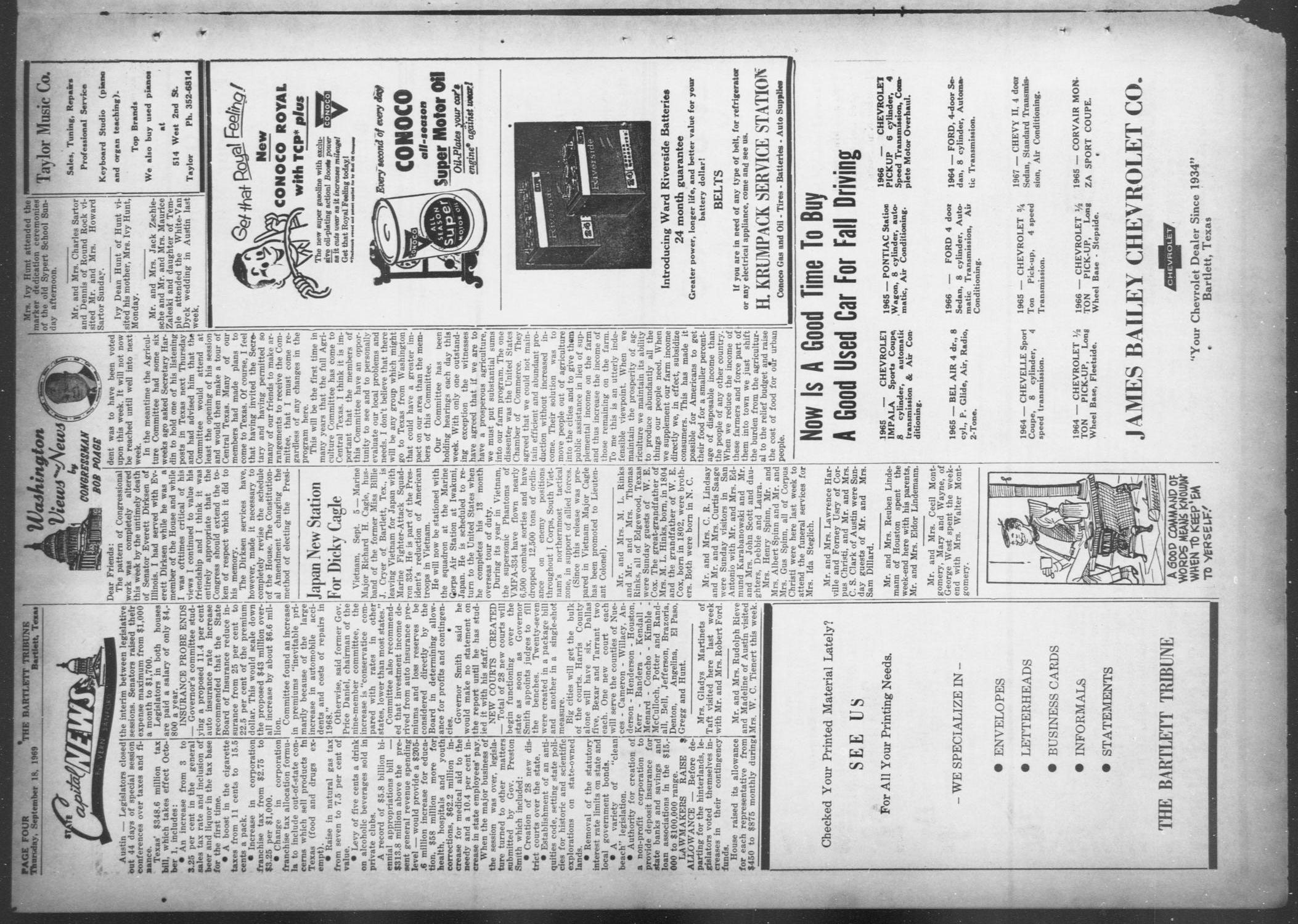 The Bartlett Tribune and News (Bartlett, Tex.), Vol. 82, No. 46, Ed. 1, Thursday, September 18, 1969
                                                
                                                    [Sequence #]: 4 of 8
                                                