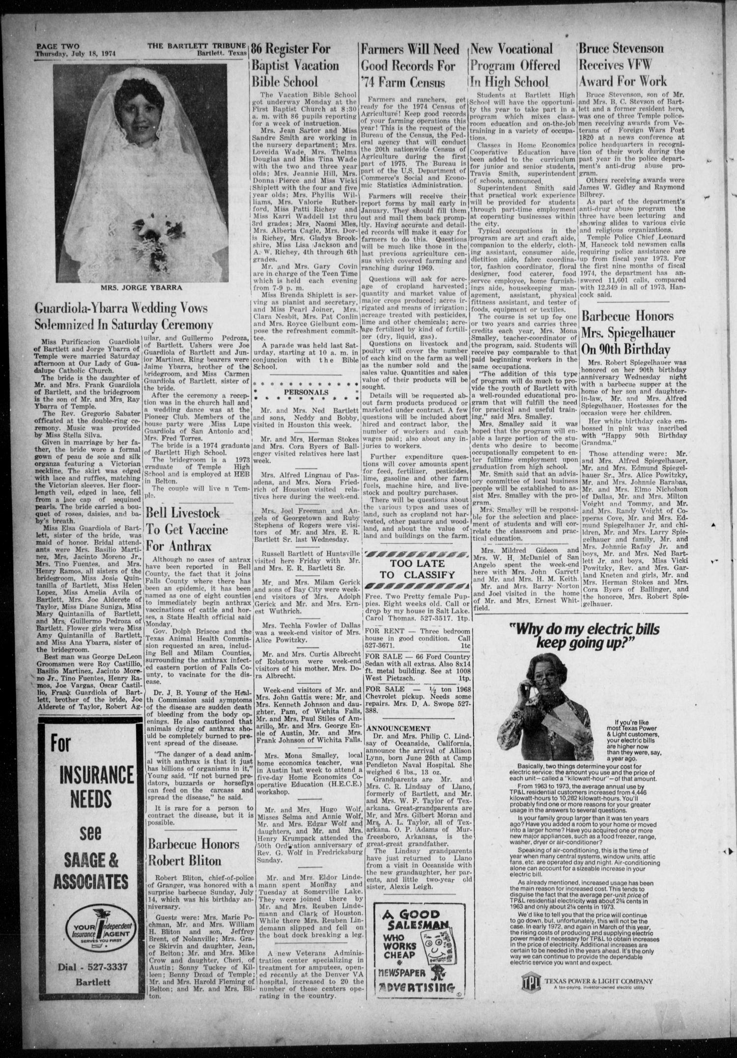 The Bartlett Tribune and News (Bartlett, Tex.), Vol. 87, No. 39, Ed. 1, Thursday, July 18, 1974
                                                
                                                    [Sequence #]: 2 of 6
                                                