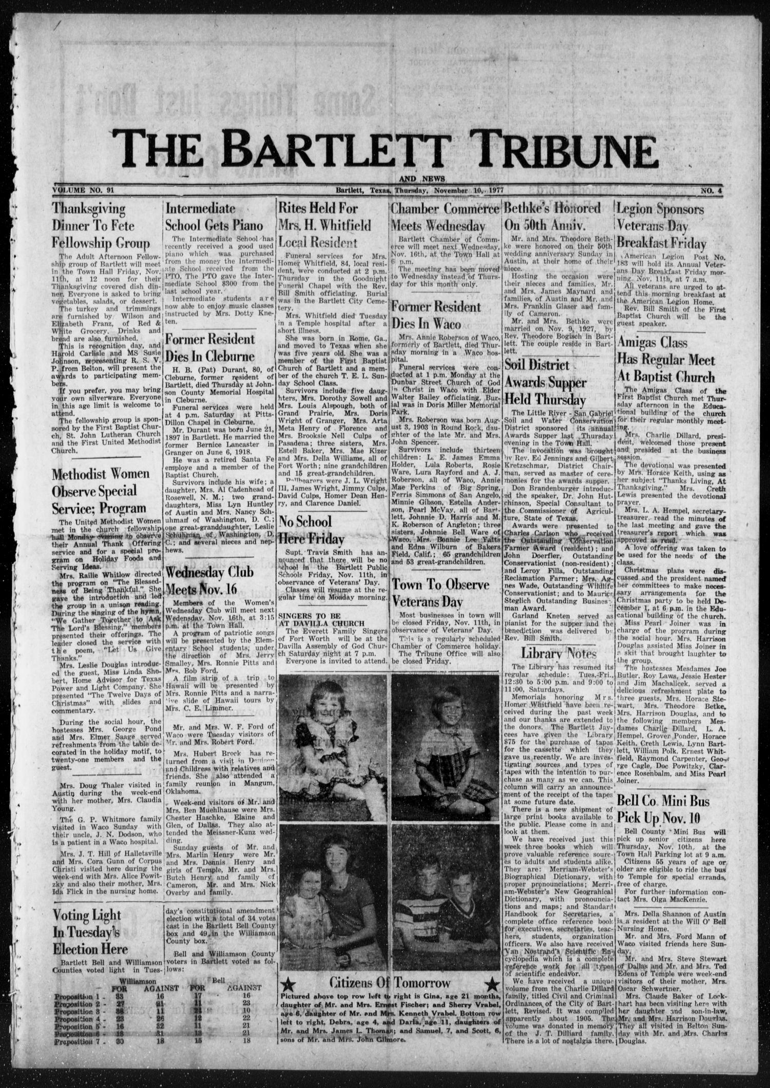 The Bartlett Tribune and News (Bartlett, Tex.), Vol. 91, No. 4, Ed. 1, Thursday, November 10, 1977
                                                
                                                    [Sequence #]: 1 of 6
                                                