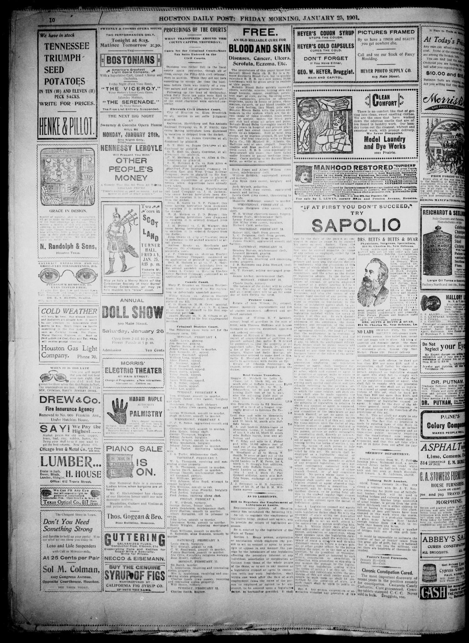 The Houston Daily Post (Houston, Tex.), Vol. XVIth YEAR, No. 296, Ed. 1, Friday, January 25, 1901
                                                
                                                    [Sequence #]: 10 of 10
                                                