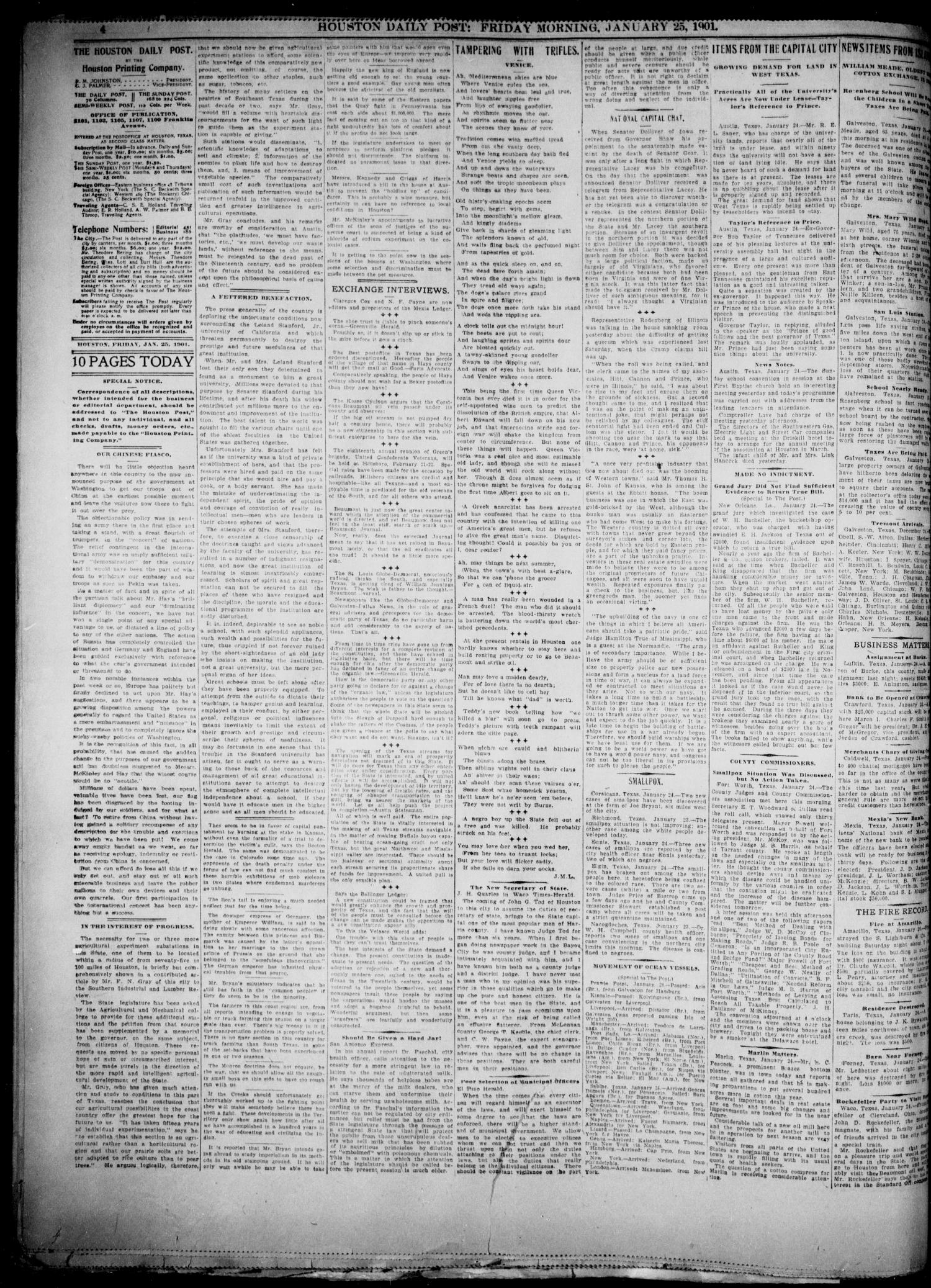 The Houston Daily Post (Houston, Tex.), Vol. XVIth YEAR, No. 296, Ed. 1, Friday, January 25, 1901
                                                
                                                    [Sequence #]: 4 of 10
                                                