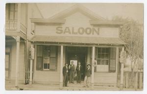 Primary view of object titled '[Postcard of Men on Saloon Steps]'.