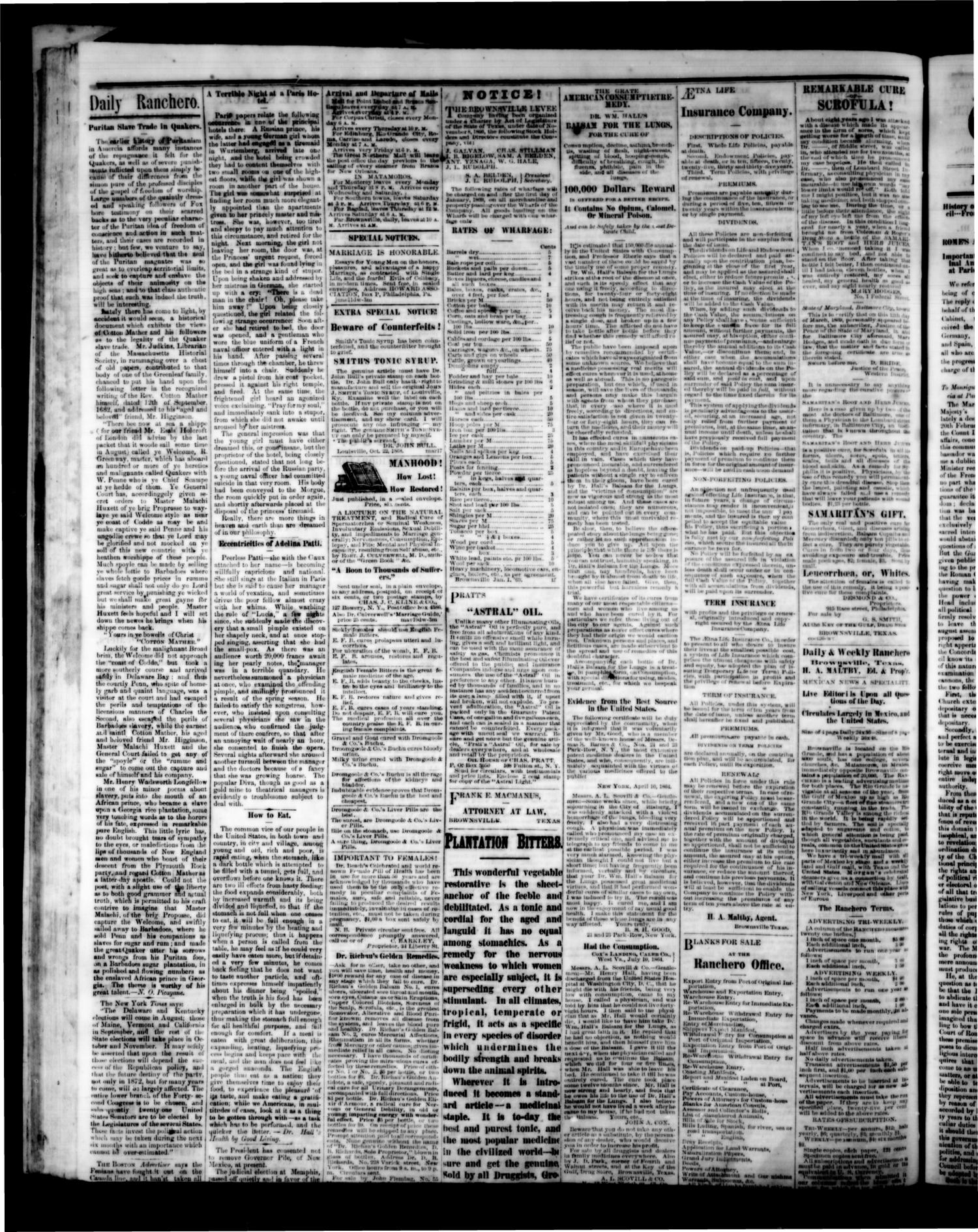 The Daily Ranchero. (Brownsville, Tex.), Vol. 10, Ed. 1 Tuesday, June 28, 1870
                                                
                                                    [Sequence #]: 4 of 4
                                                