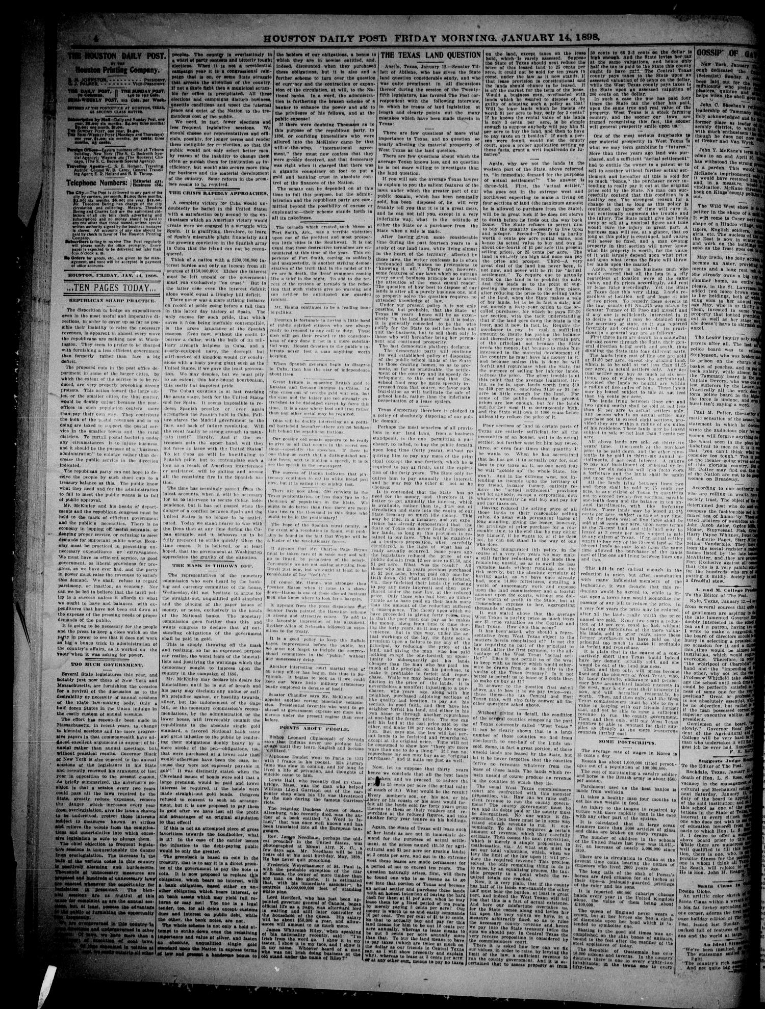 The Houston Daily Post (Houston, Tex.), Vol. THIRTEENTH YEAR, No. 285, Ed. 1, Friday, January 14, 1898
                                                
                                                    [Sequence #]: 4 of 10
                                                