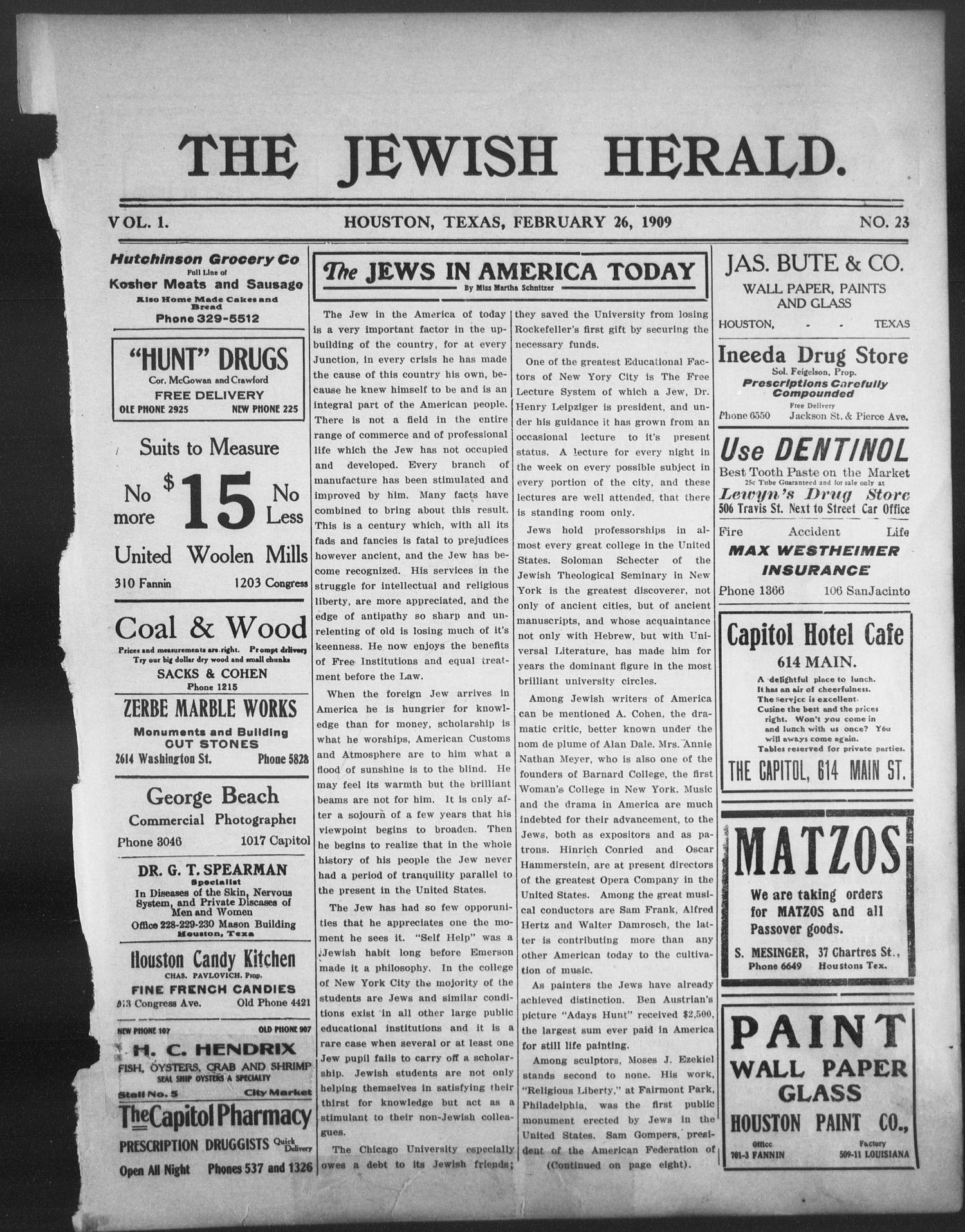 The Jewish Herald (Houston, Tex.), Vol. 1, No. 23, Ed. 1, Friday, February 26, 1909
                                                
                                                    [Sequence #]: 1 of 8
                                                