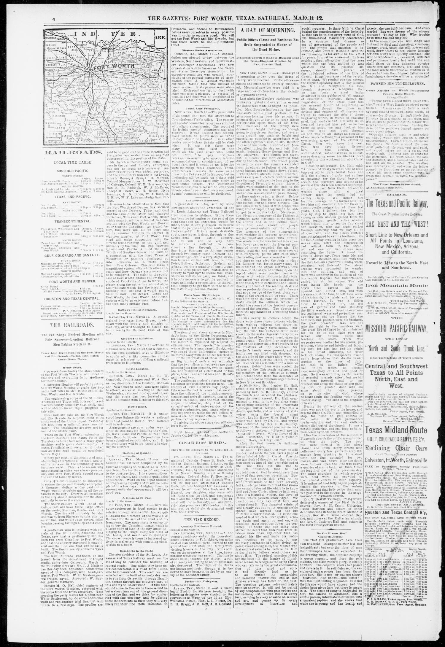 Fort Worth Daily Gazette. (Fort Worth, Tex.), Vol. 12, No. 224, Ed. 1, Saturday, March 12, 1887
                                                
                                                    [Sequence #]: 4 of 8
                                                