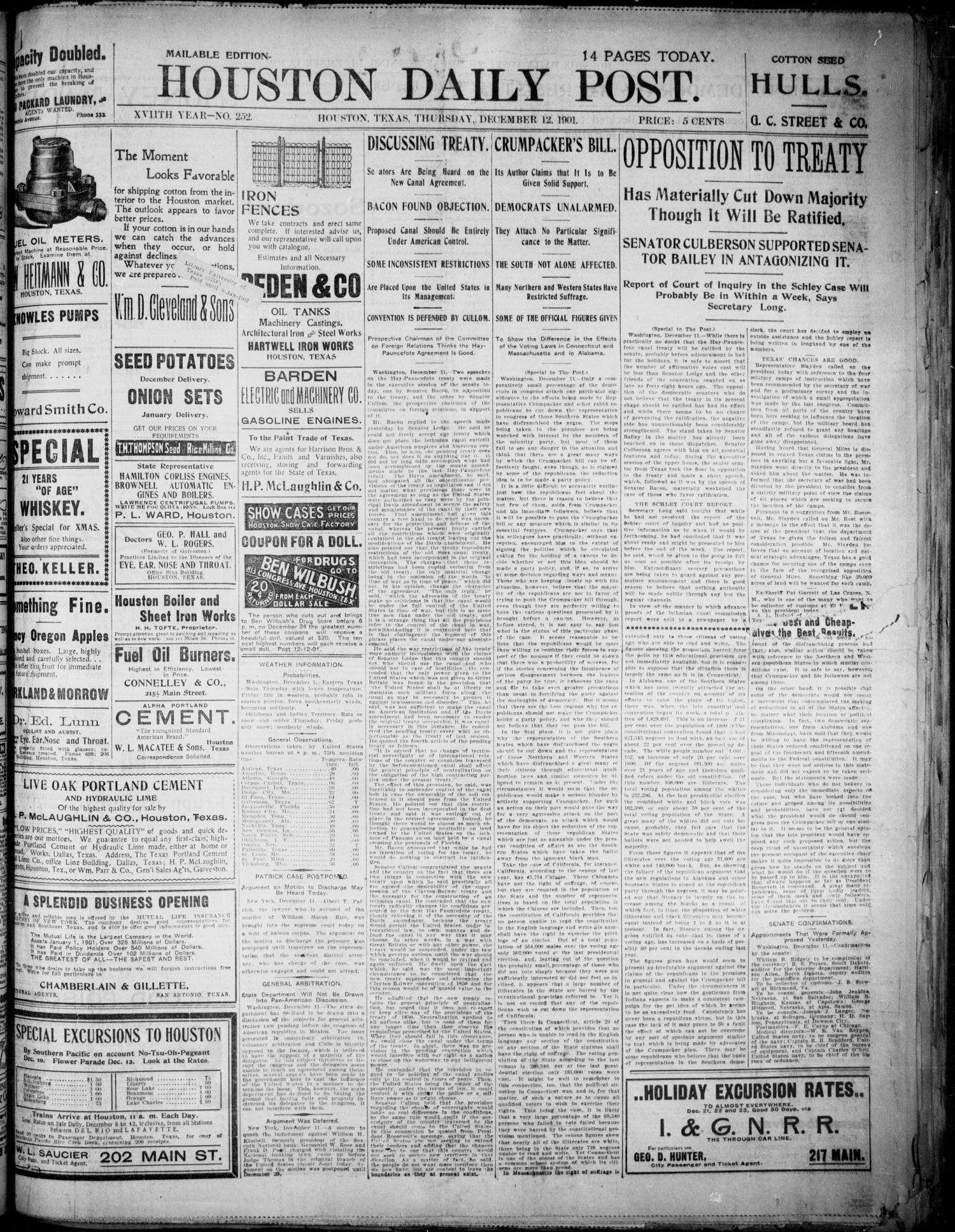 The Houston Daily Post (Houston, Tex.), Vol. XVIITH YEAR, No. 252, Ed. 1, Thursday, December 12, 1901
                                                
                                                    [Sequence #]: 1 of 14
                                                