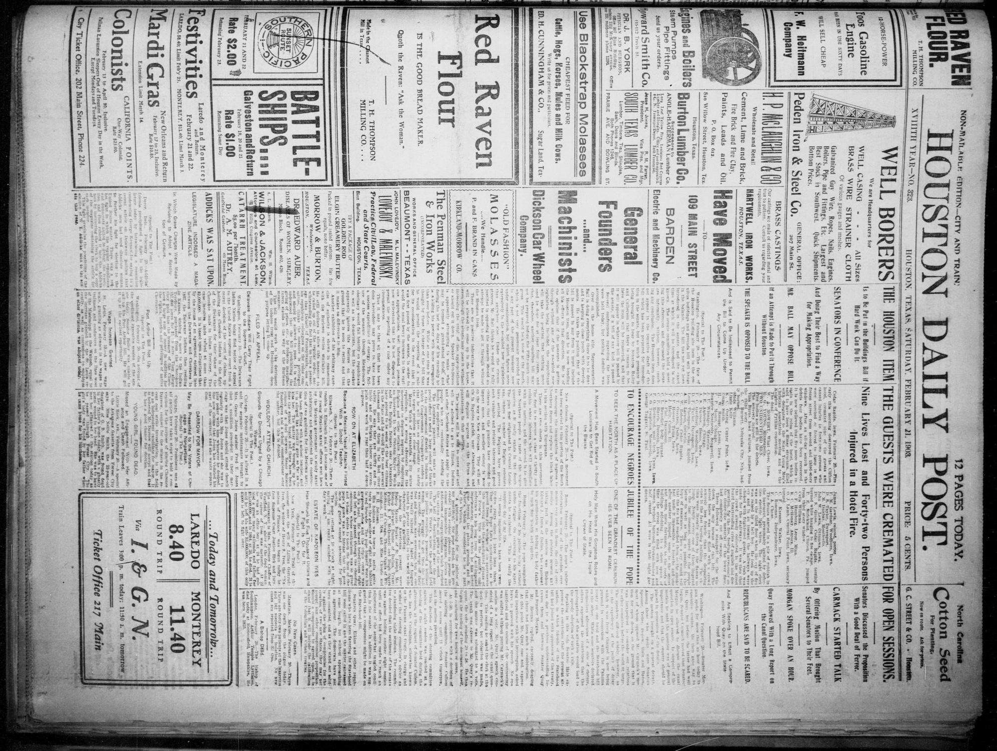 The Houston Daily Post (Houston, Tex.), Vol. XVIIITH YEAR, No. 323, Ed. 1, Saturday, February 21, 1903
                                                
                                                    [Sequence #]: 1 of 12
                                                