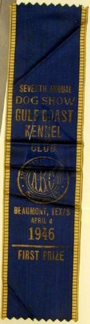 Primary view of object titled '[Blue silk dog show ribbon]'.