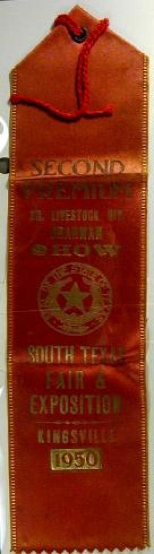 Primary view of object titled '[Red silk Kingsville livestock ribbon]'.