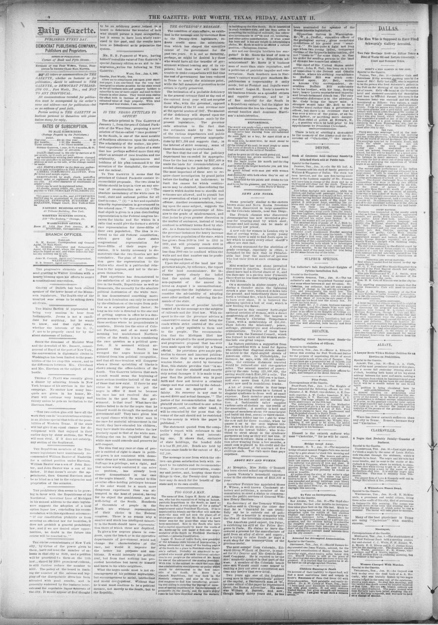 Fort Worth Daily Gazette. (Fort Worth, Tex.), Vol. 13, No. 192, Ed. 1, Friday, January 11, 1889
                                                
                                                    [Sequence #]: 4 of 8
                                                