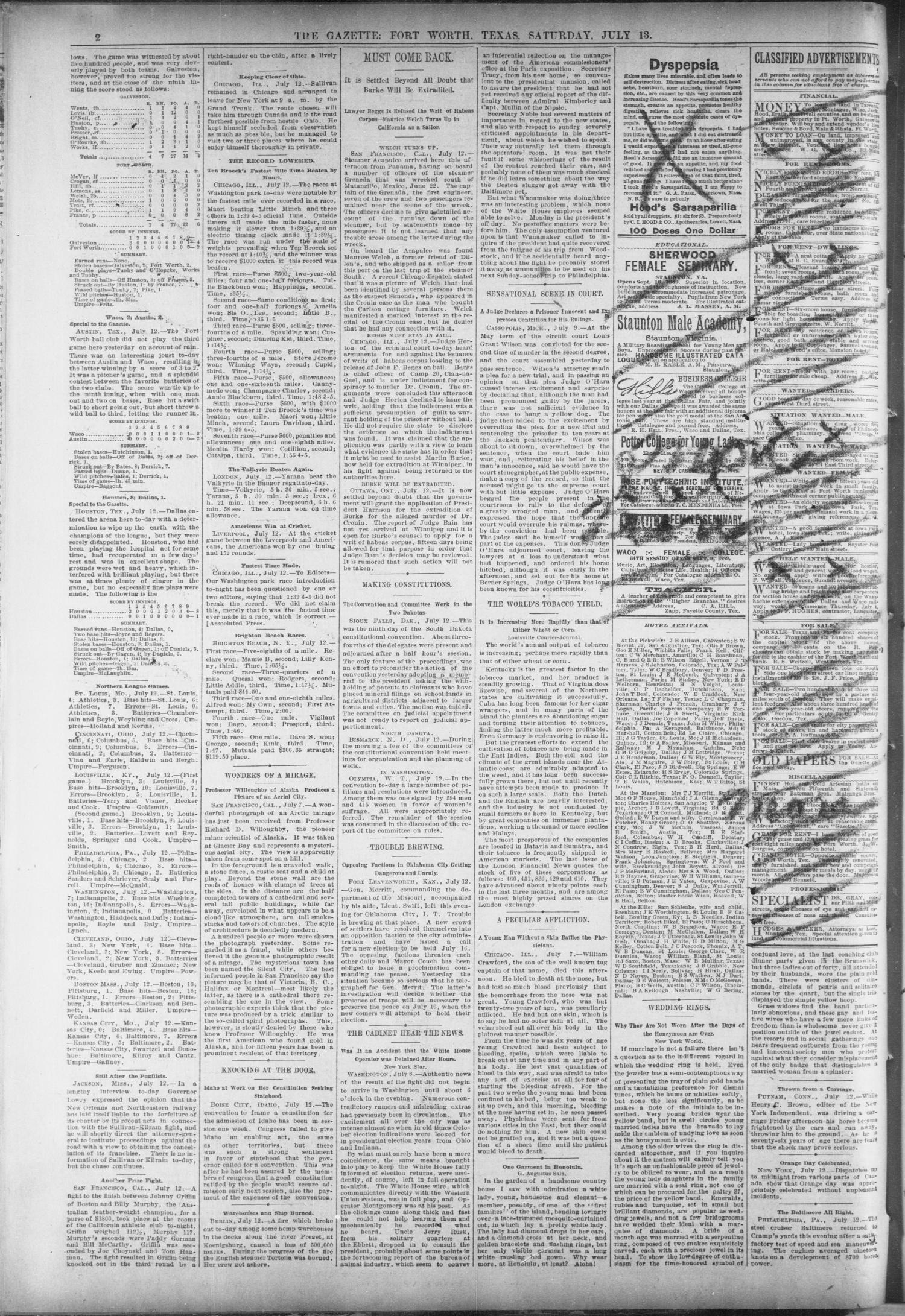 Fort Worth Daily Gazette. (Fort Worth, Tex.), Vol. 13, No. 275, Ed. 1, Saturday, July 13, 1889
                                                
                                                    [Sequence #]: 2 of 8
                                                