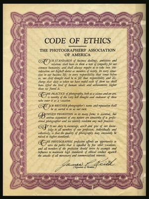 Primary view of object titled 'Code of Ethics, Photographers' Association of America'.