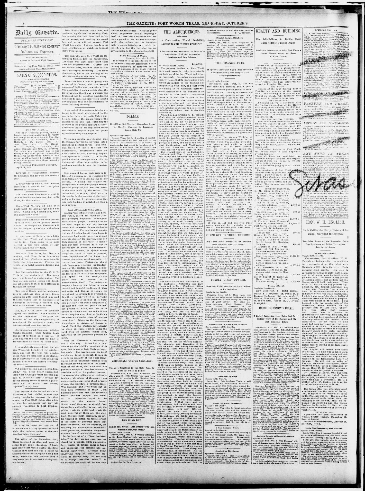 Fort Worth Daily Gazette. (Fort Worth, Tex.), Vol. 14, No. 360, Ed. 1, Thursday, October 9, 1890
                                                
                                                    [Sequence #]: 4 of 8
                                                