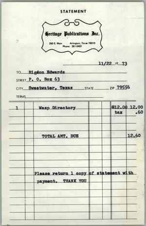 Primary view of [Receipt from Heritage Publication Inc. to Rigdon Edwards]
