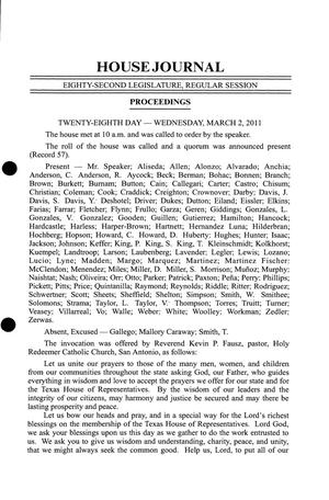 Primary view of object titled 'Journal of the House of Representatives of Texas: 82nd Legislature, Regular Session, Wednesday, March 2, 2011'.