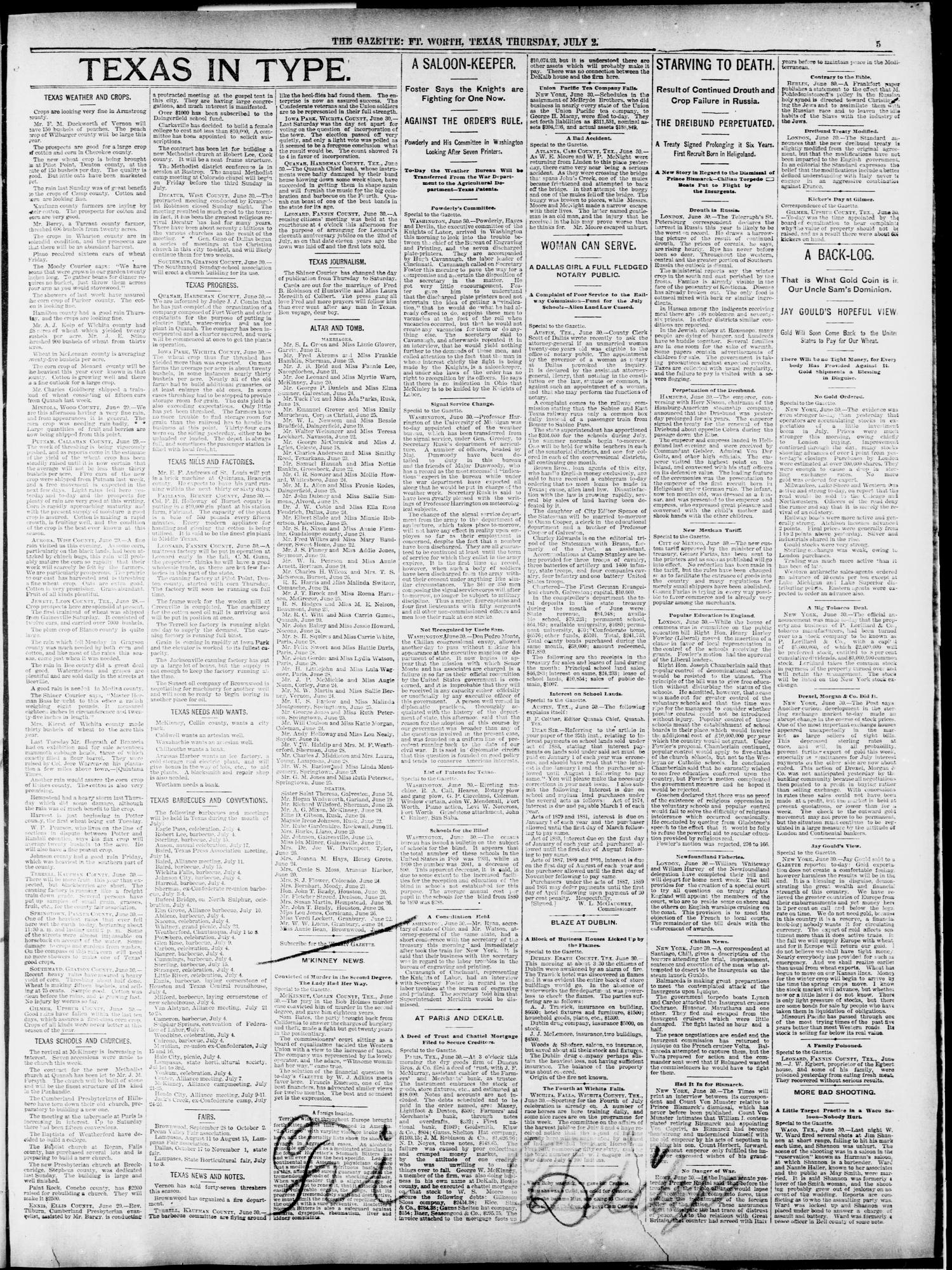 Fort Worth Gazette. (Fort Worth, Tex.), Vol. 13, No. 30, Ed. 1, Thursday, July 2, 1891
                                                
                                                    [Sequence #]: 5 of 12
                                                