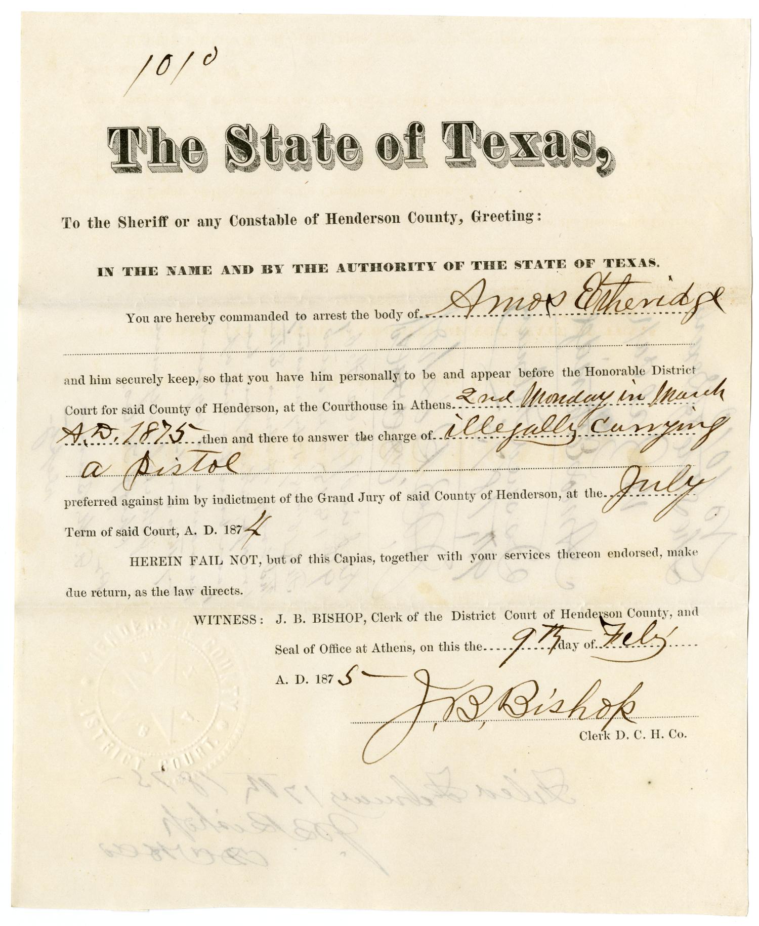 Documents pertaining to the case of The State of Texas vs. Amos Etheridge, cause no. 1010, 1874
                                                
                                                    [Sequence #]: 7 of 14
                                                