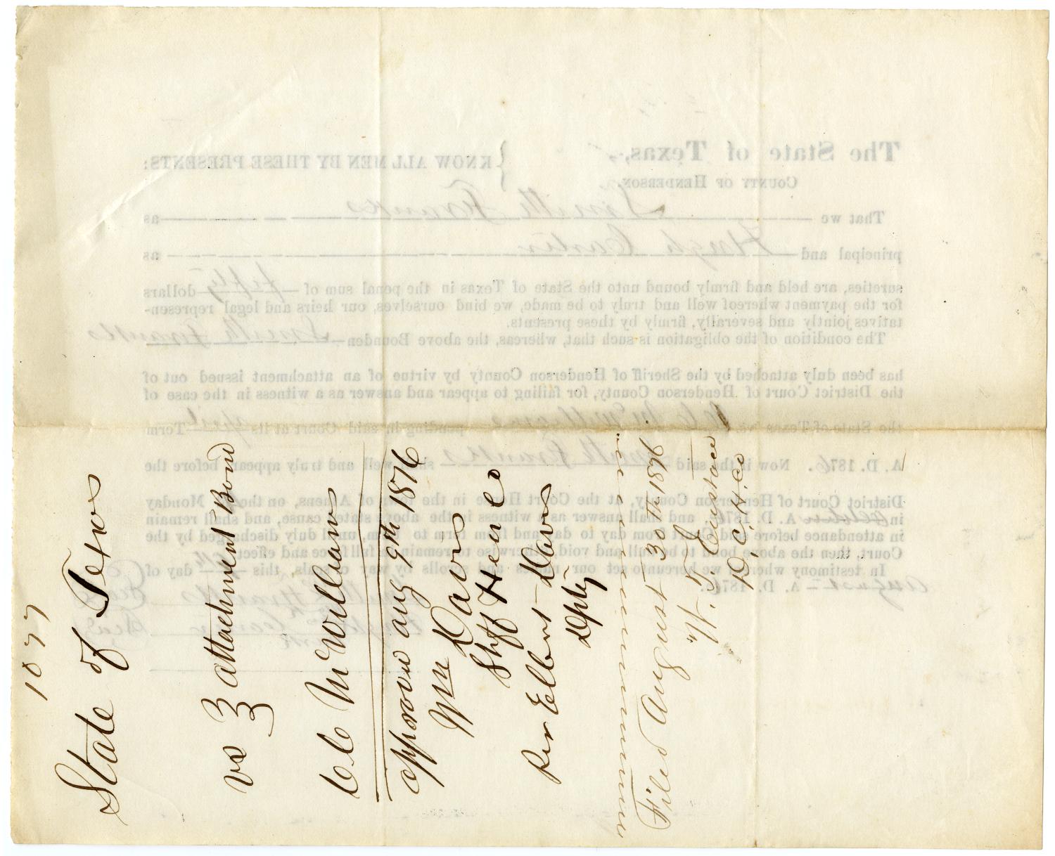 Documents pertaining to the case of The State of Texas vs. C. C. McWilliams, cause no. 1077, 1875
                                                
                                                    [Sequence #]: 36 of 50
                                                