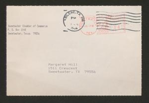 Primary view of object titled '[Postcard from the Sweetwater Chamber of Commerce to Margaret Hill, July 3, 1986]'.